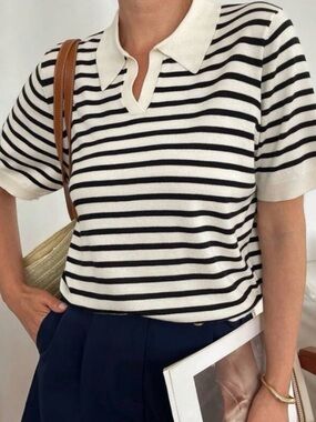 Floerns Striped Short-Sleeve Polo Top in Black & White-L poly